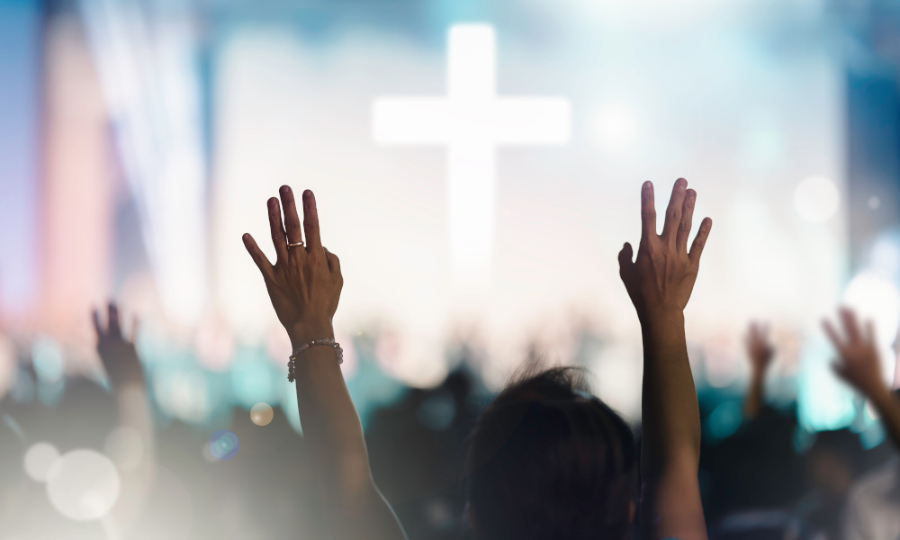 Christian worship concert background. people group sing praise and pray to god in Church on easter day or Sunday